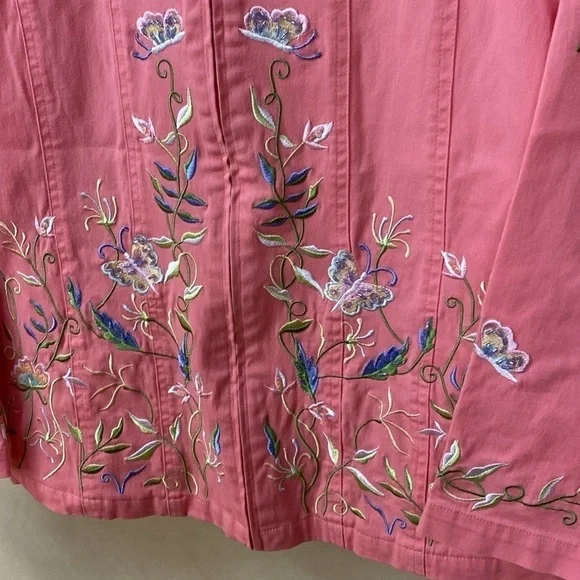 Vintage Women's Quacker Factory Pink Floral Embroidered Denim Jacket Sz Medium - Picture 3 of 7